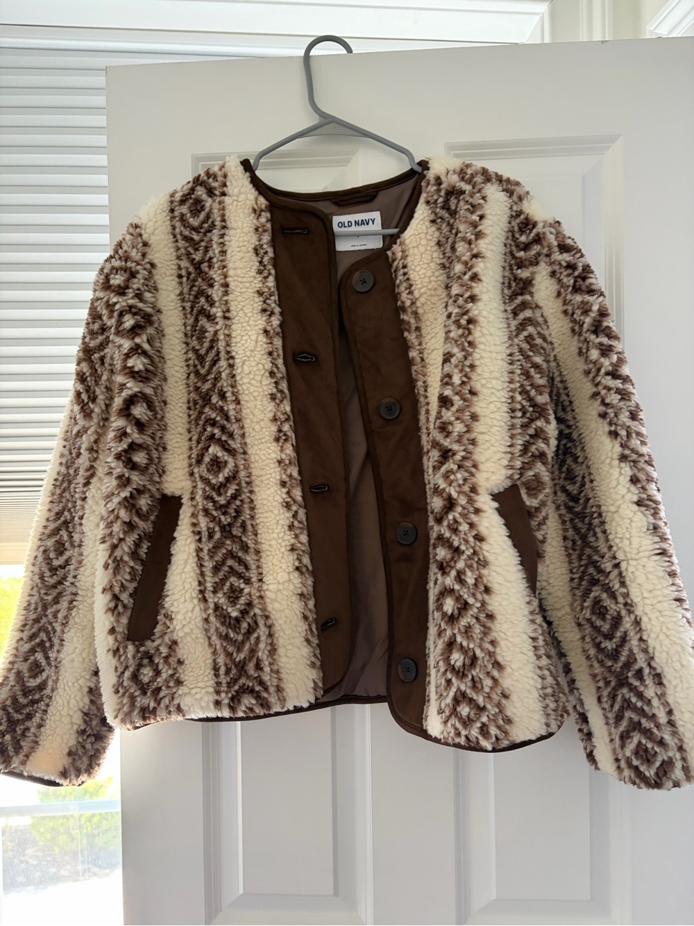 Old Navy Cream and Brown Patterned Sherpa Jacket